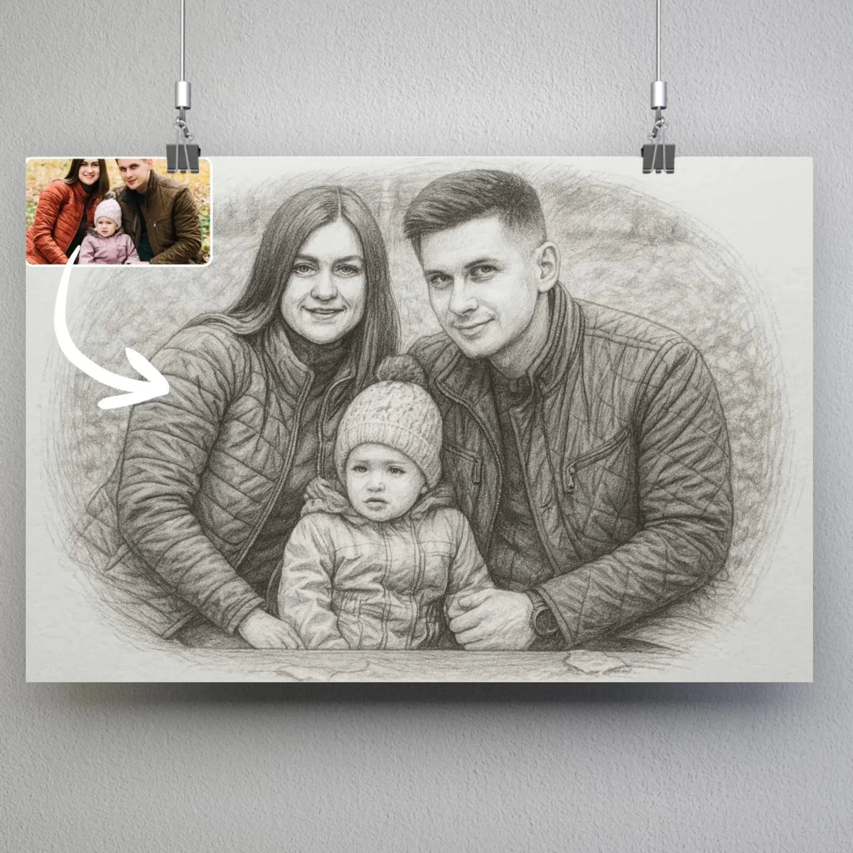 Affiche horizontale personnalisée effet dessin au crayon graphite, portrait de famille avec photo avant-après