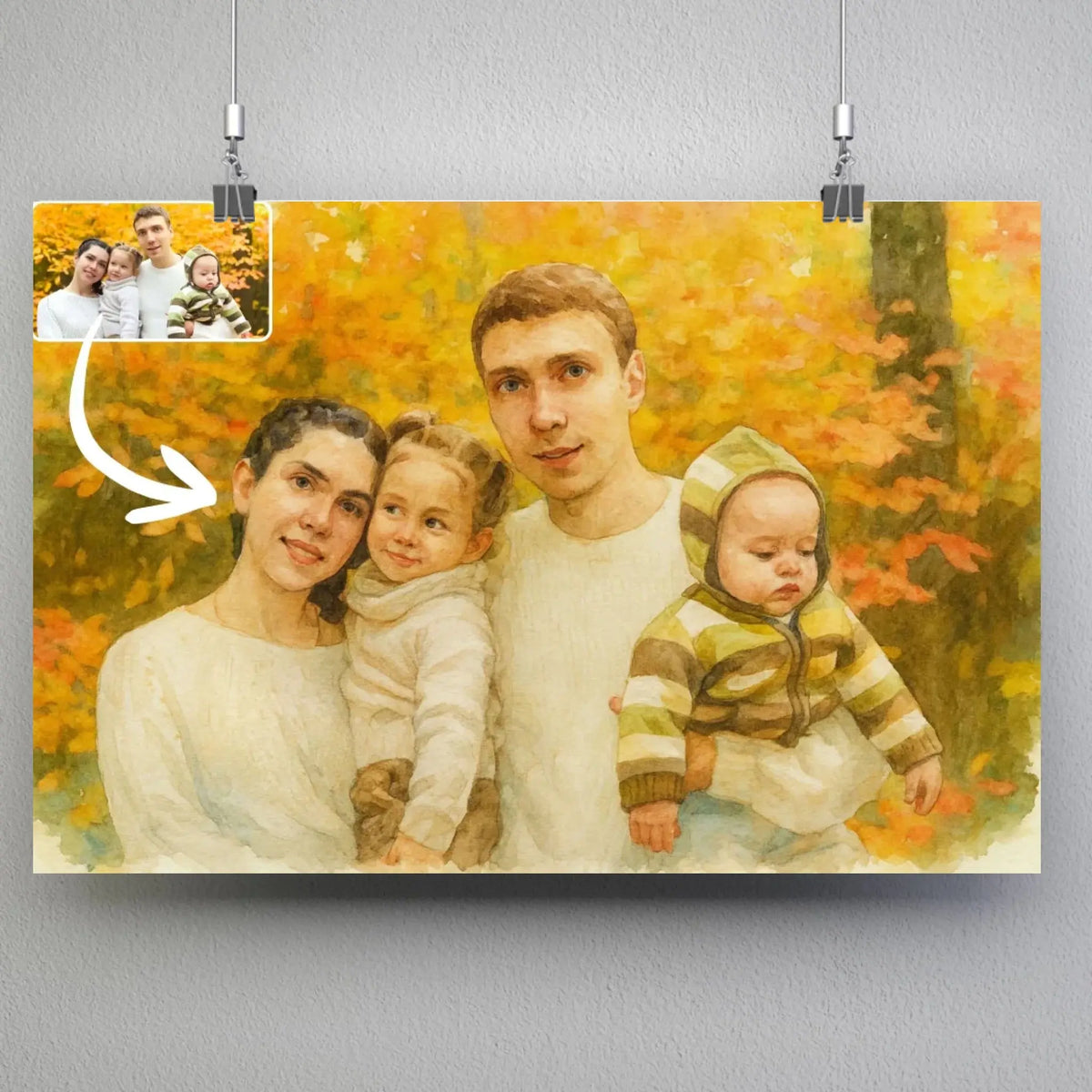 Affiche horizontale personnalisée effet peinture aquarelle, portrait de famille avec photo avant-après