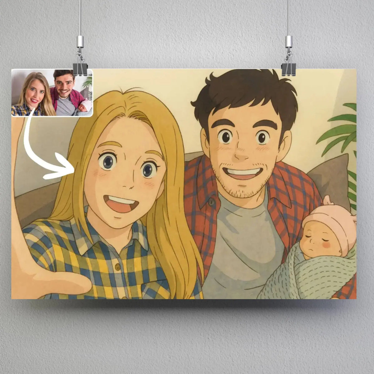 Affiche horizontale personnalisée style anime japonais Ghibli, portrait de famille avec photo avant-après