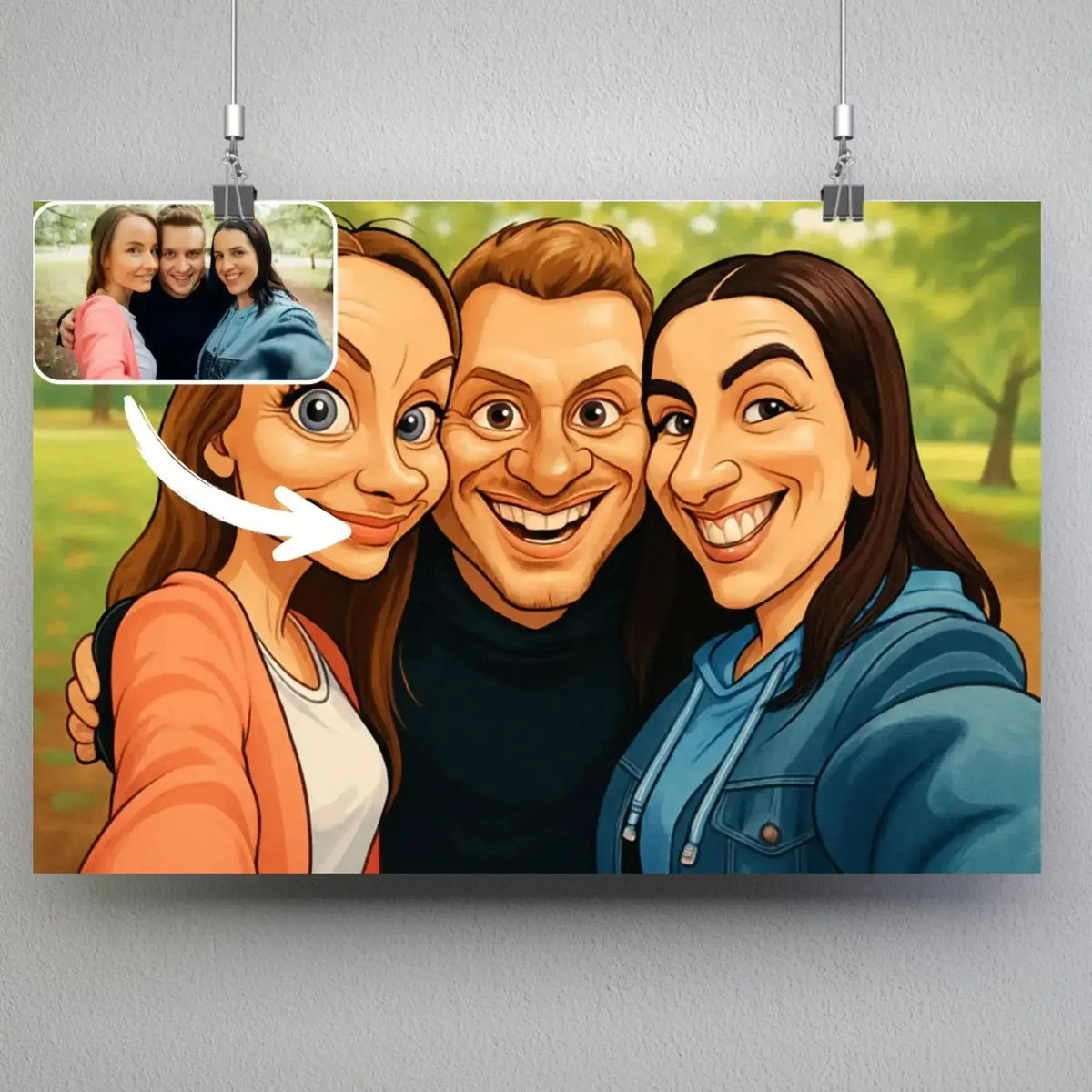 Affiche horizontale personnalisée style caricature, portrait de groupe d'amis avec photo avant-après