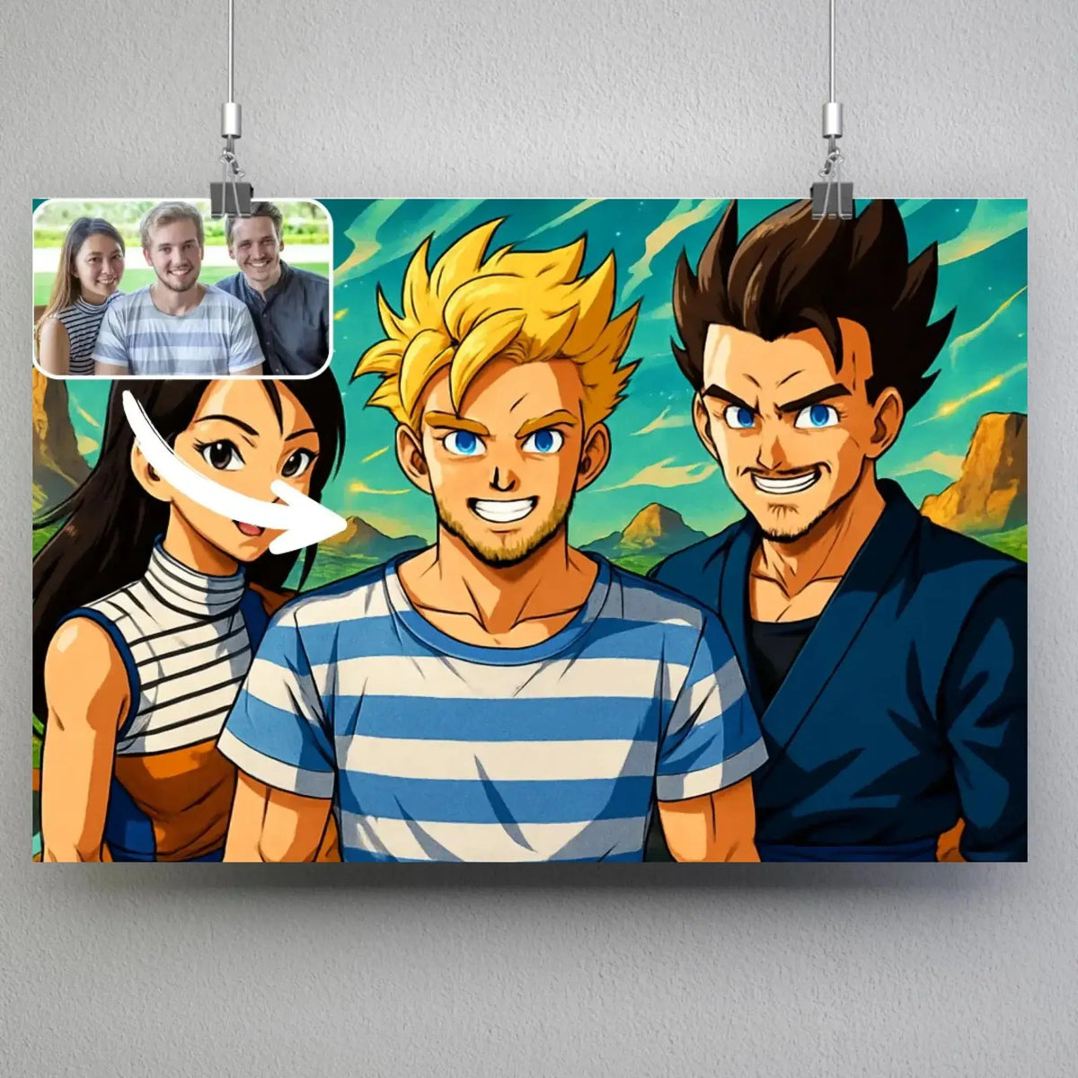 Affiche horizontale personnalisée style Dragon Ball, portrait de groupe d'amis avec photo avant-après