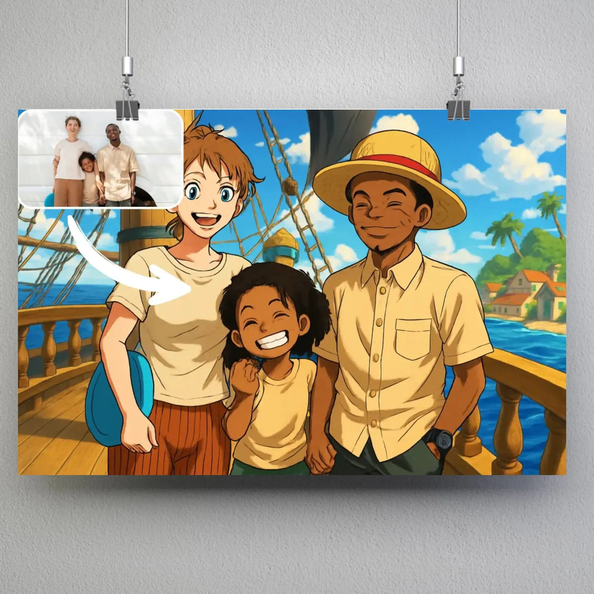 Affiche horizontale personnalisée style One Piece, portrait de famille avec photo avant-après
