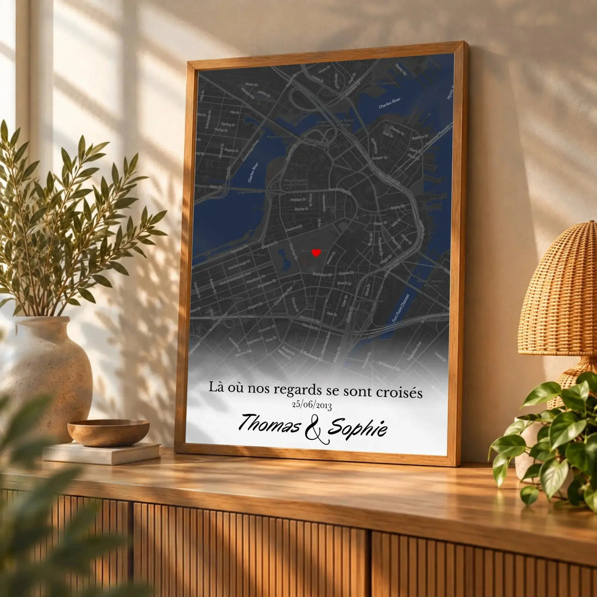 Affiche personnalisée lieu de rencontre posée sur un meuble bas, salon lumineux, variante