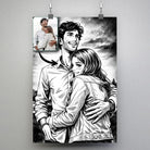 Affiche personnalisée style manga rétro noir et blanc, portrait de couple suspendu avec pinces