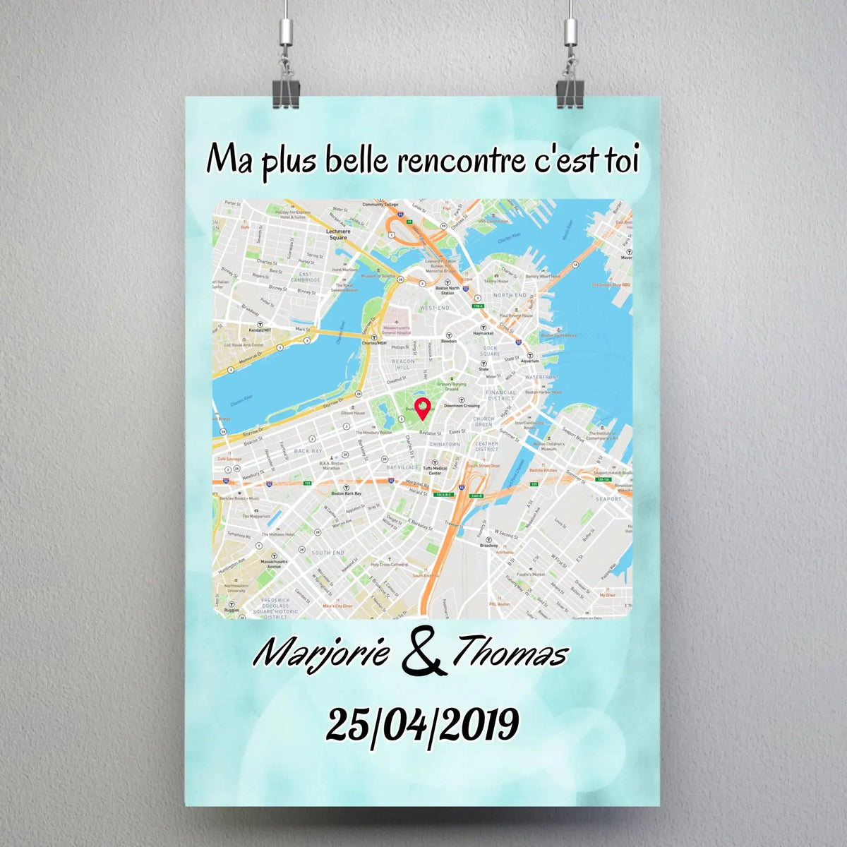 Affiche personnalisée maps style carré, suspendue avec pinces