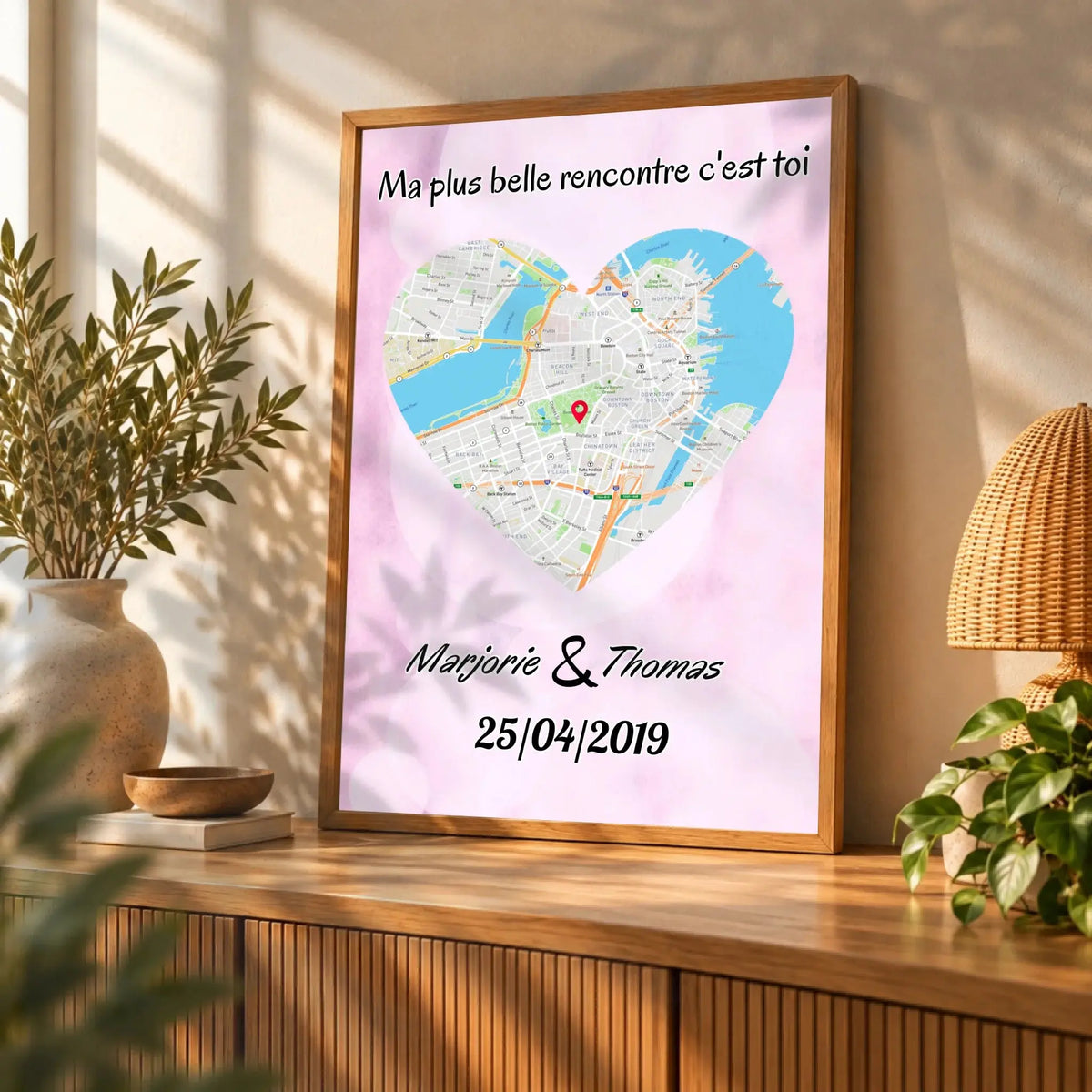 Affiche personnalisée maps style cœur posée sur un meuble bas, salon lumineux, variante