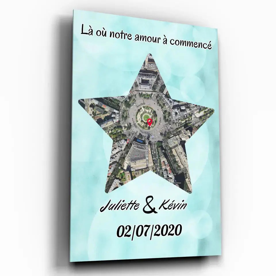 Affiche personnalisée maps style étoile, exemple avec prénoms différents, plan de ville