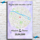 Affiche personnalisée maps style rond dans un cadre noir, inclinée, variante