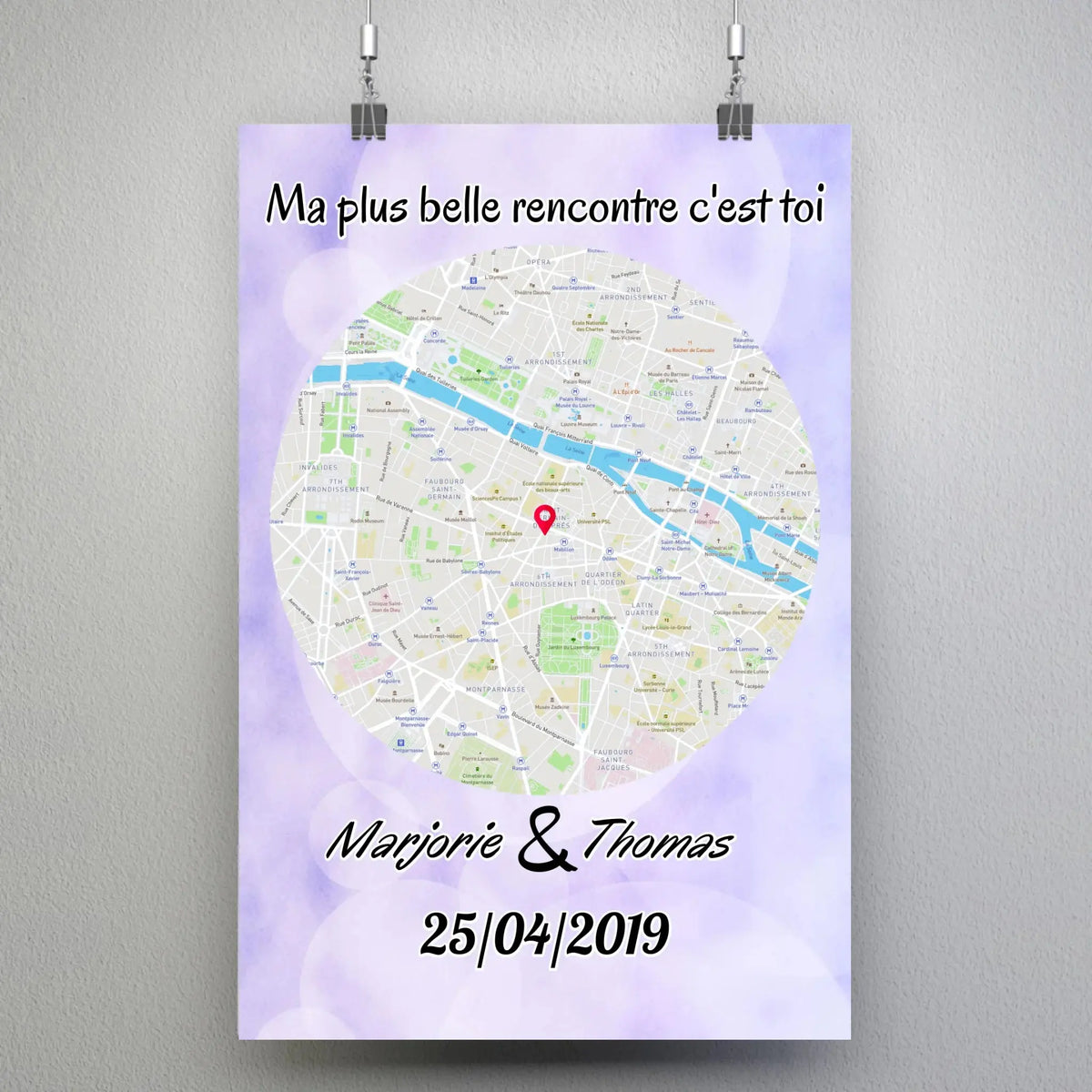 Affiche personnalisée maps style rond, suspendue avec pinces