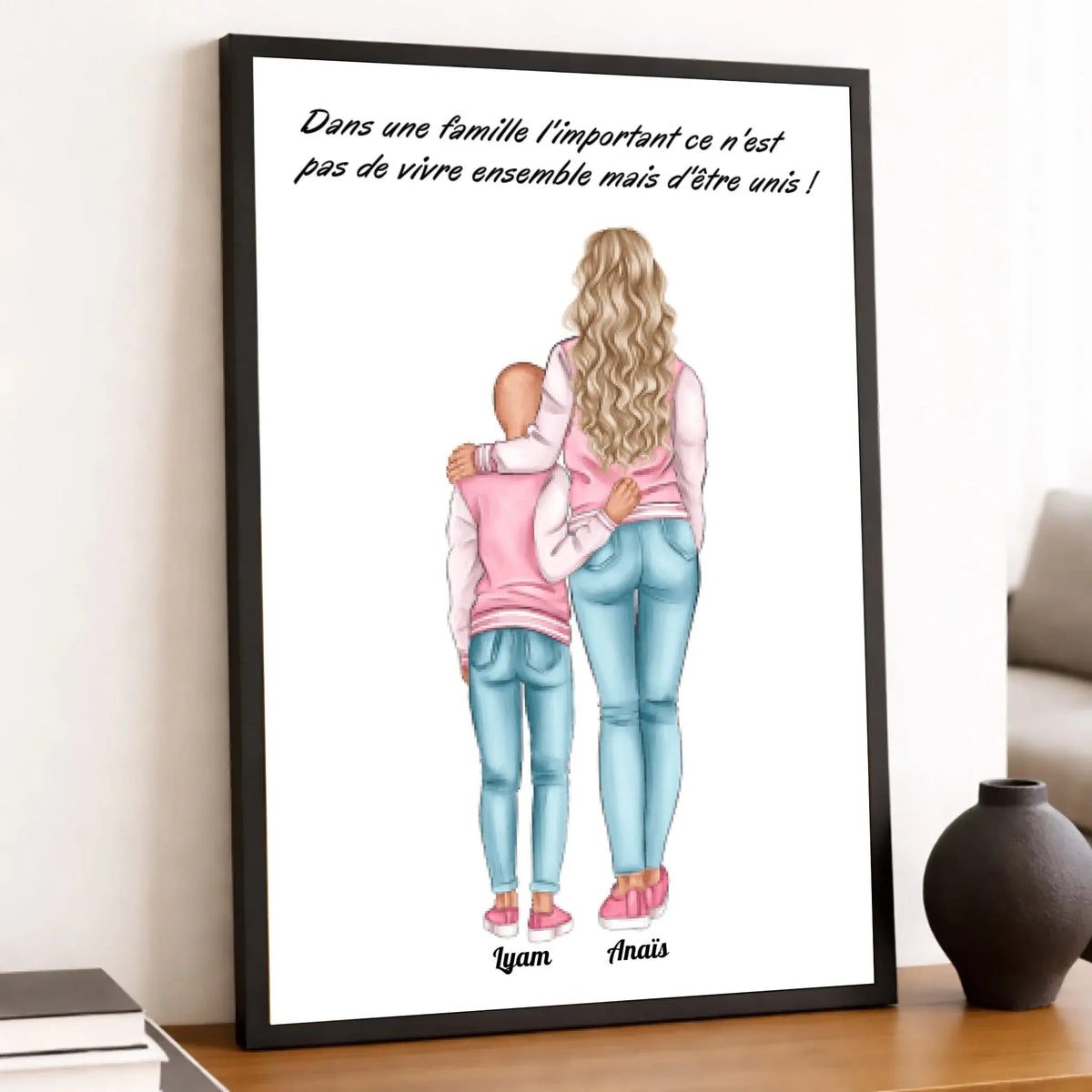 Affiche personnalisée mère et enfant, encadrée, ambiance chaleureuse