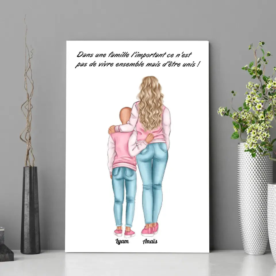 Affiche personnalisée mère et enfant posée sur un meuble, décoration avec vases et plantes