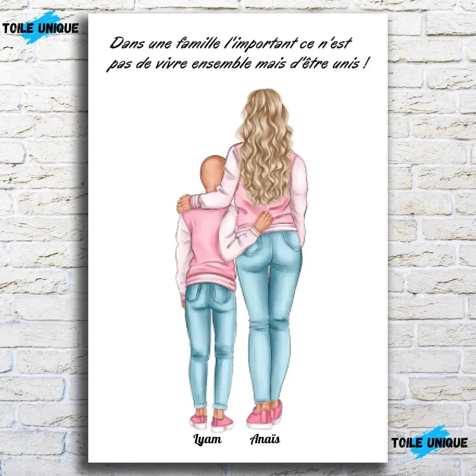 Affiche personnalisée mère et enfant sur mur de briques blanches, variante