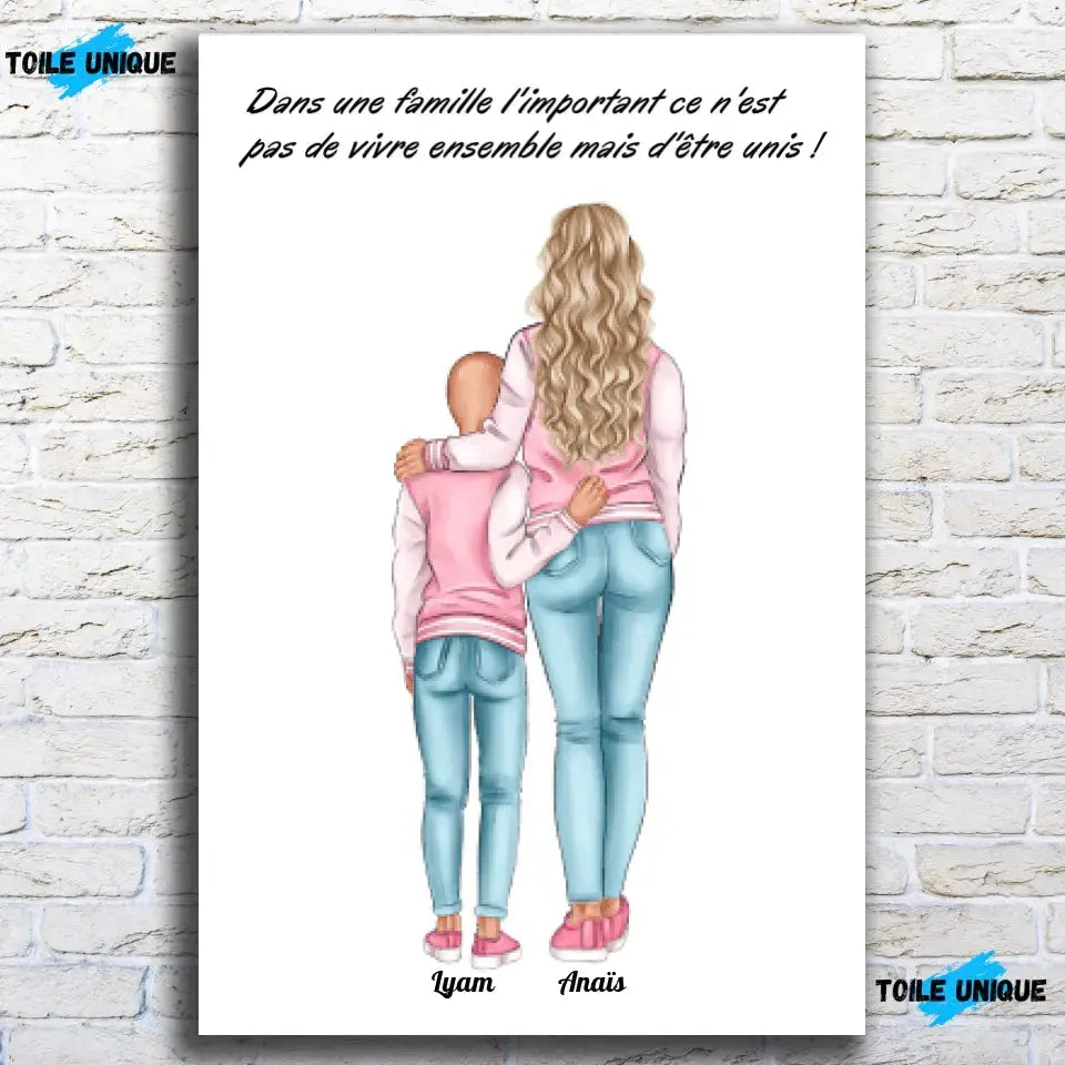 Affiche personnalisée mère et enfant, vue de face sur mur de briques blanches