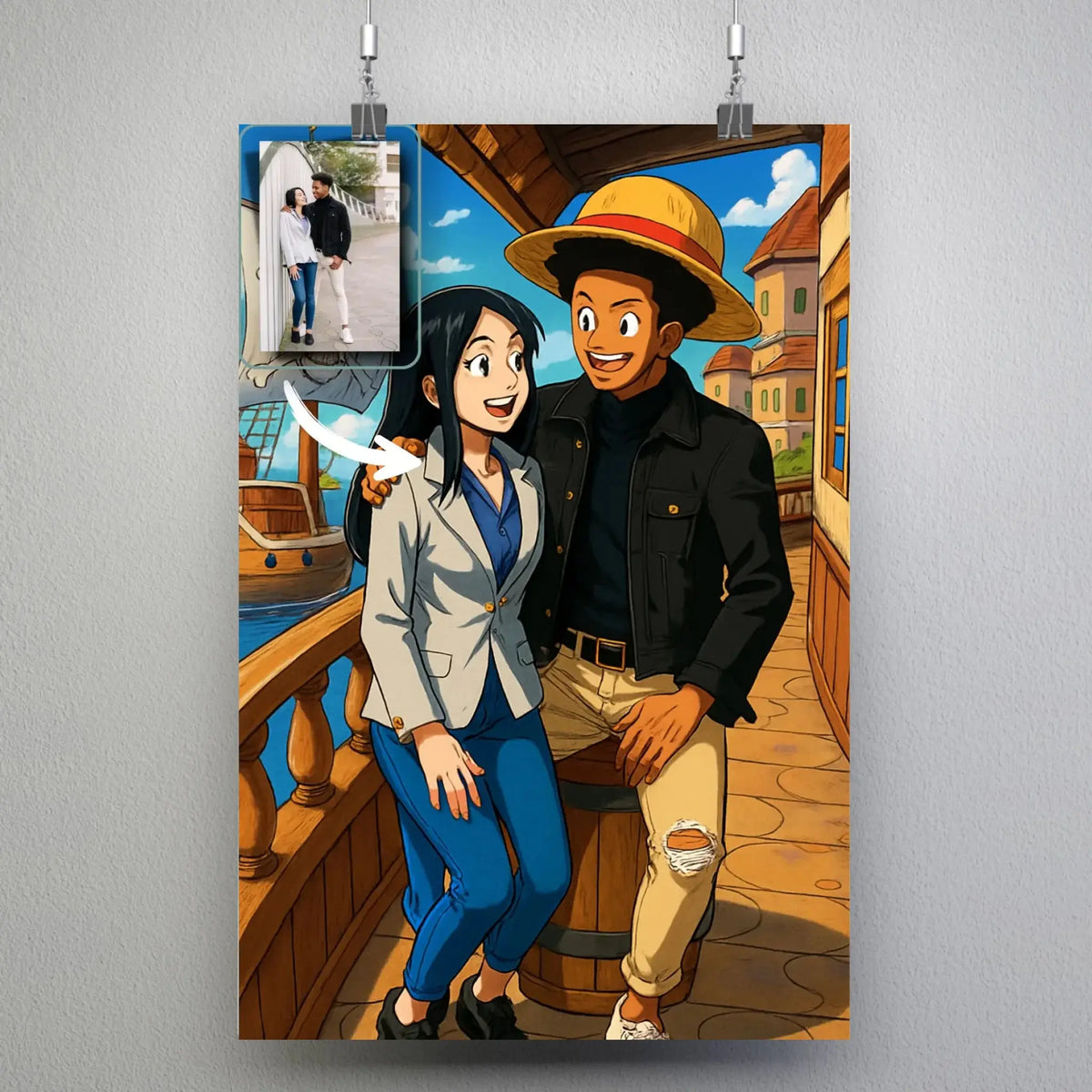 Affiche personnalisée style One Piece, portrait de couple suspendu avec pinces