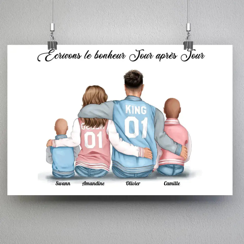 Affiche personnages famille personnalisée (2 enfants), suspendue avec pinces