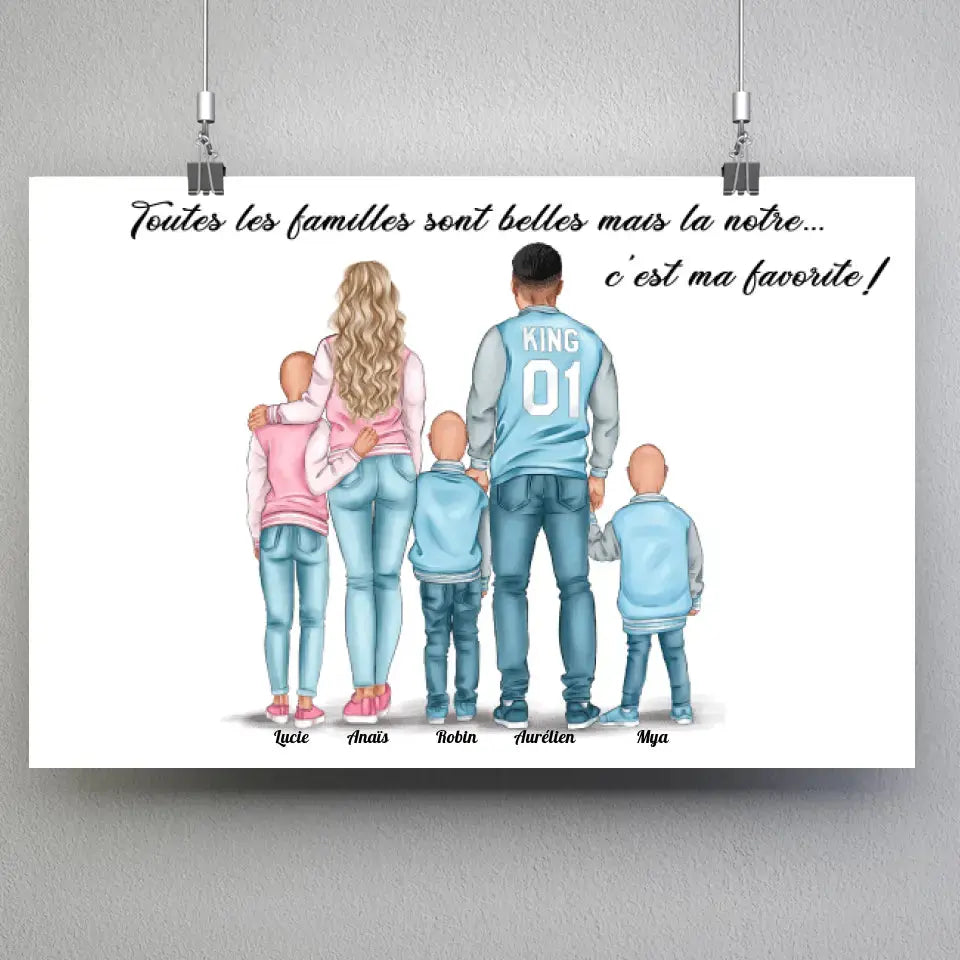 Affiche personnages famille personnalisée (3 enfants), suspendue avec pinces