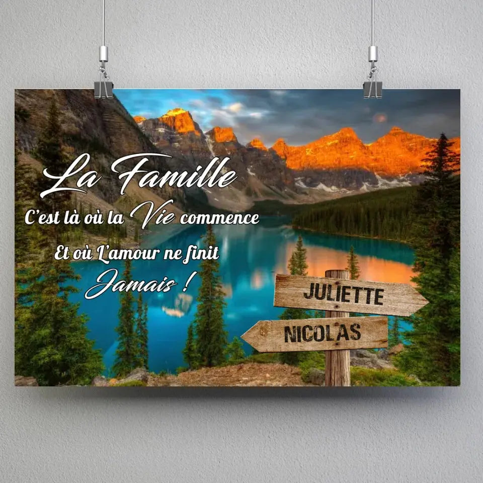 Affiche prénoms personnalisée Lac bleuté, suspendue avec pinces