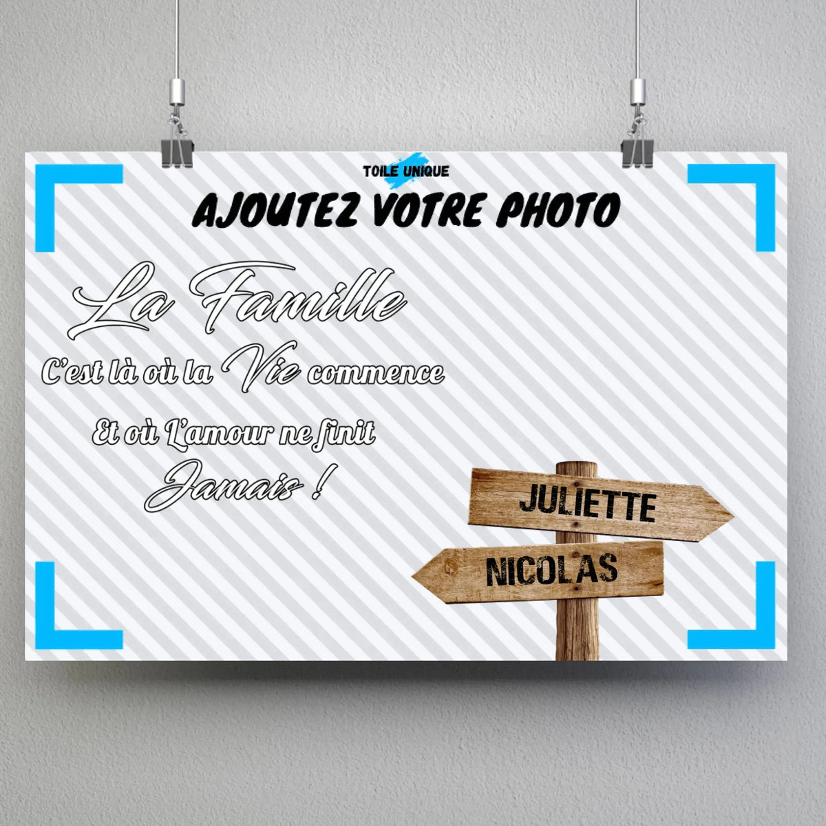 Affiche prénoms personnalisée photo de famille, suspendue avec pinces