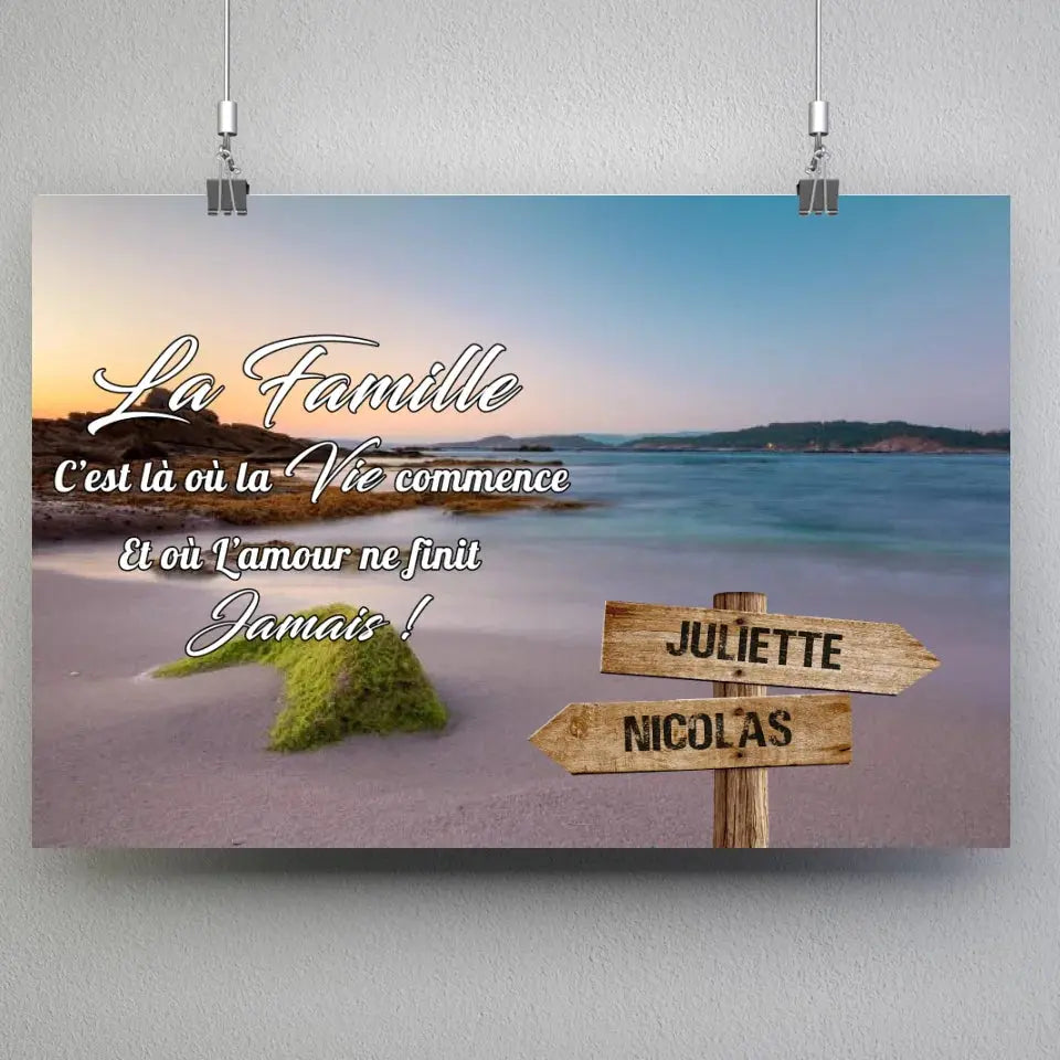 Affiche prénoms personnalisée plage et algues, suspendue avec pinces
