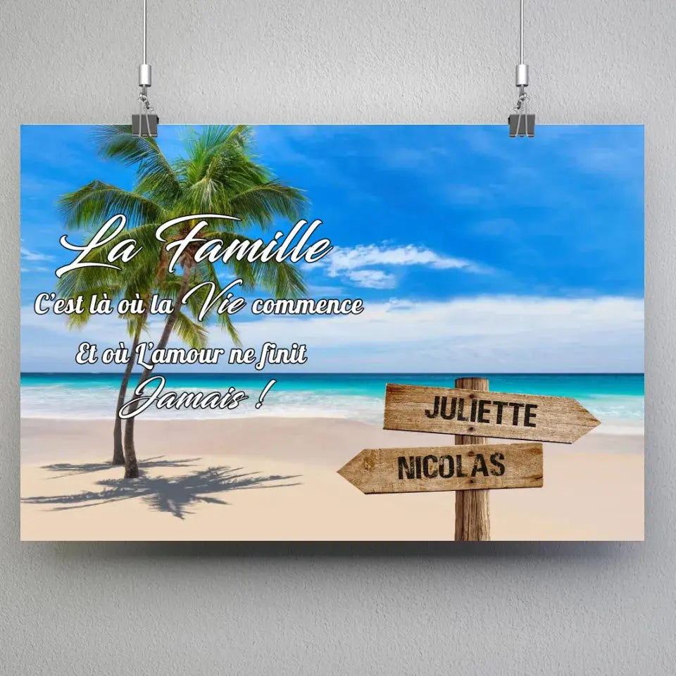 Affiche prénoms personnalisée plage et cocotiers, suspendue avec pinces