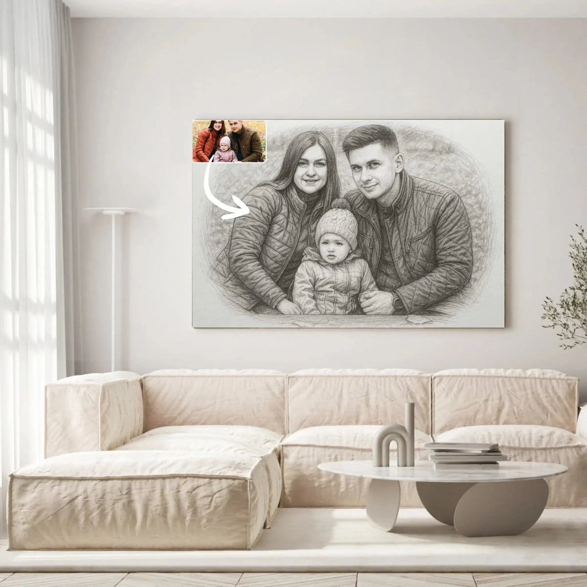 Grand tableau personnalisé effet dessin au crayon graphite dans un salon clair, portrait de famille