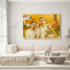 Grand tableau personnalisé effet peinture aquarelle dans un salon clair, portrait de famille