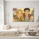 Grand tableau personnalisé style anime japonais Ghibli dans un salon clair, portrait de famille