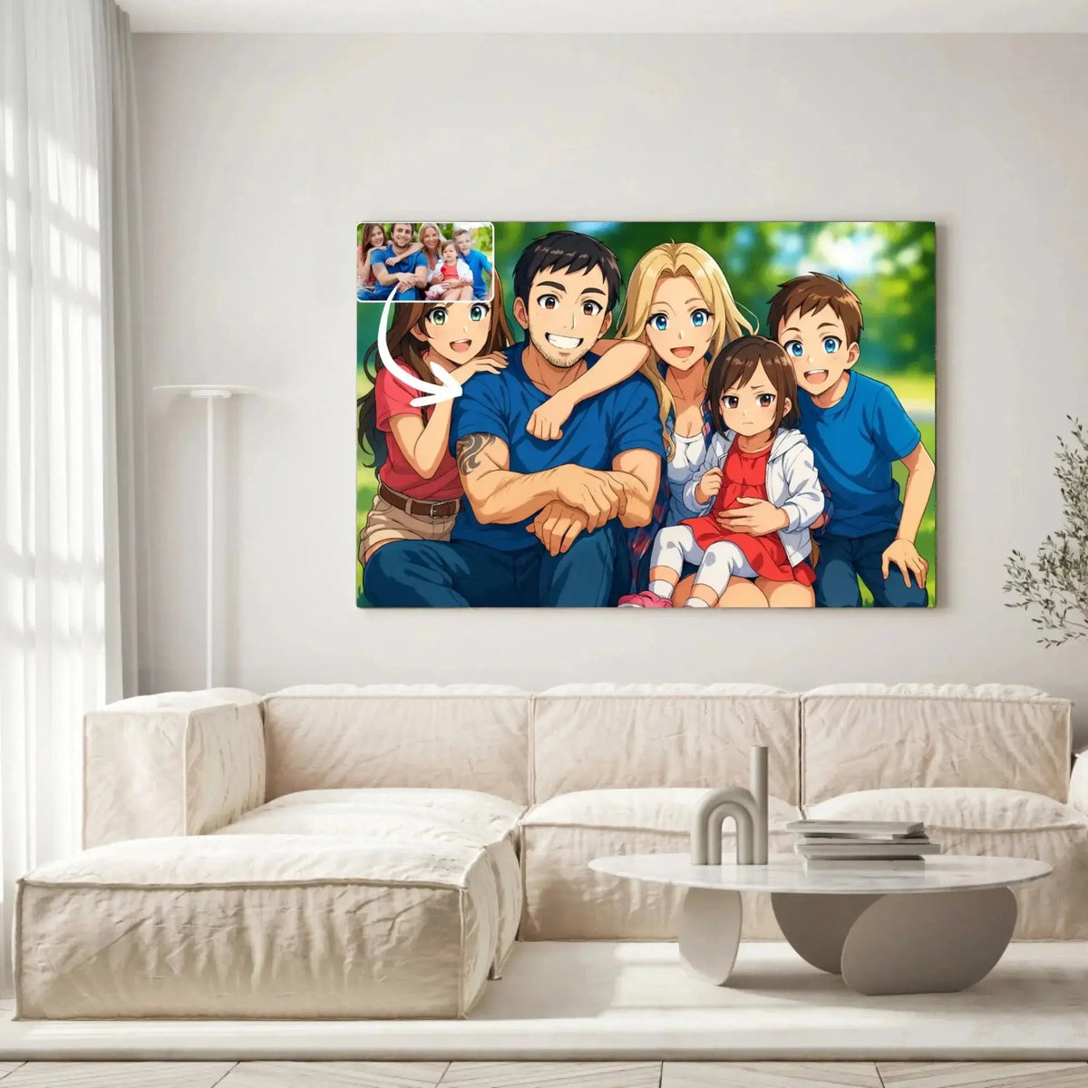 Grand tableau personnalisé style anime japonais manga dans un salon clair, portrait de famille