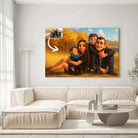 Grand tableau personnalisé style anime Pixar 3D dans un salon clair, portrait de famille