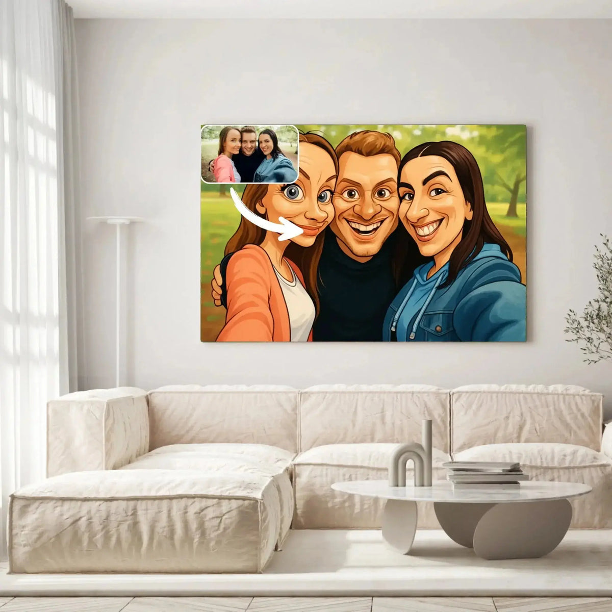 Grand tableau personnalisé style caricature dans un salon clair, portrait de groupe d'amis