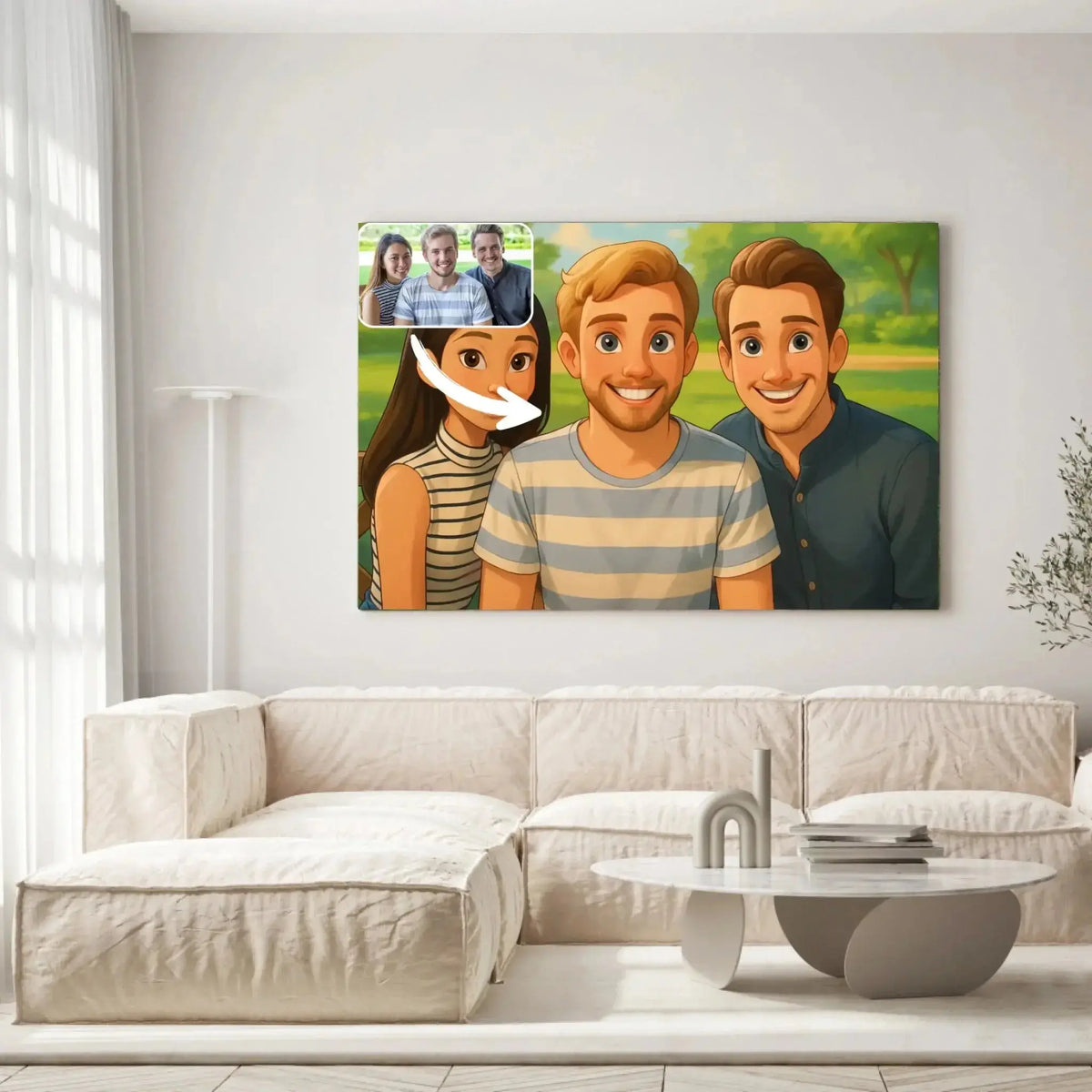 Grand tableau personnalisé style Disney dans un salon clair, portrait de groupe d'amis