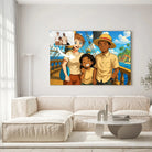 Grand tableau personnalisé style One Piece dans un salon clair, portrait de famille