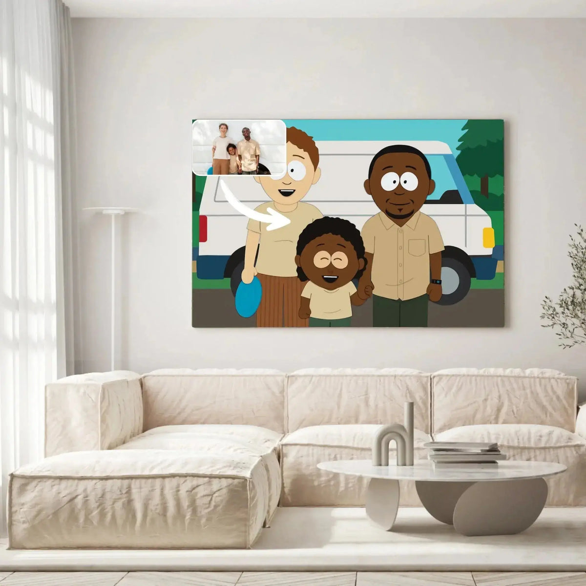 Grand tableau personnalisé style South Park dans un salon clair, portrait de famille