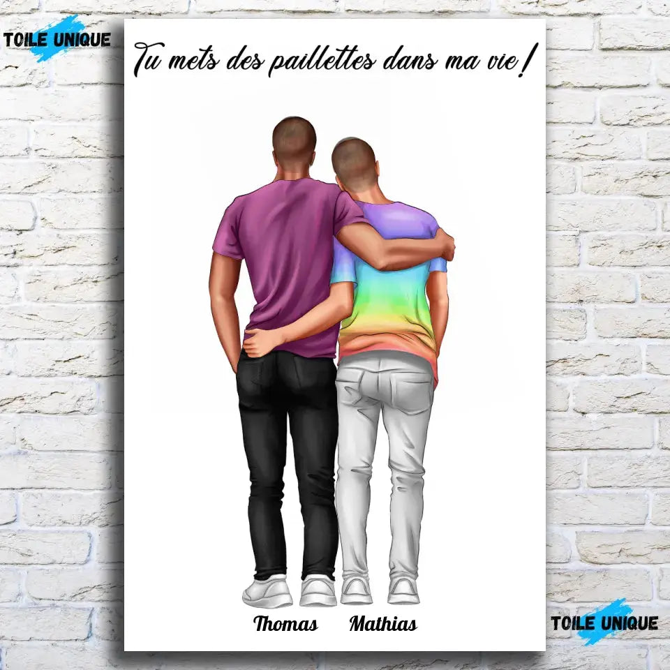 Grande affiche personnalisée couple hommes accrochée au mur, salon bibliothèque, variante