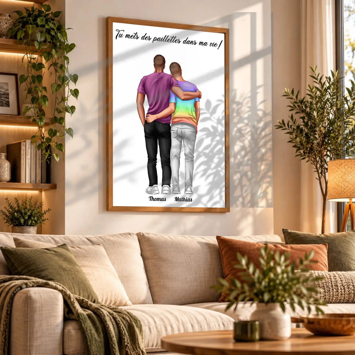 Grande affiche personnalisée couple hommes accrochée au mur, salon bibliothèque