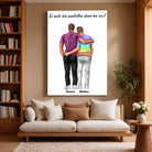 Grande affiche personnalisée couple hommes accrochée au mur, salon lumineux