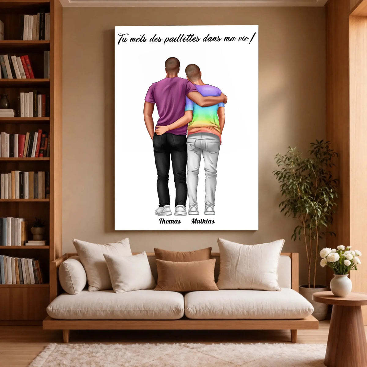 Grande affiche personnalisée couple hommes accrochée au mur, salon lumineux