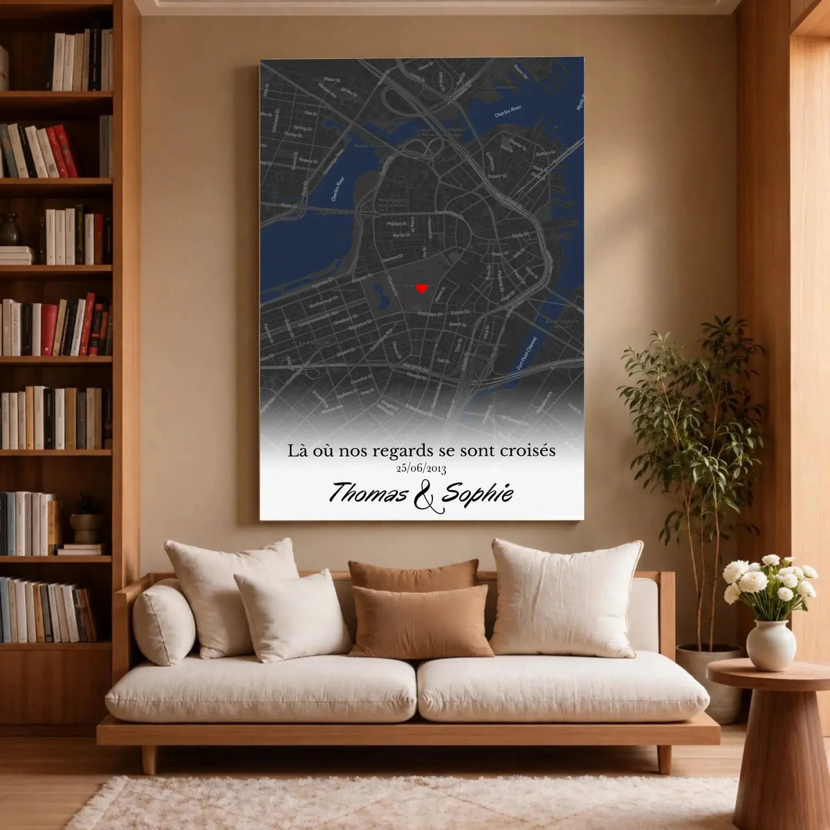 Grande affiche personnalisée lieu de rencontre accrochée au mur, salon lumineux