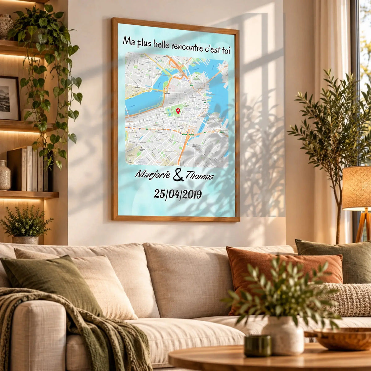 Grande affiche personnalisée maps style carré accrochée au mur, salon bibliothèque