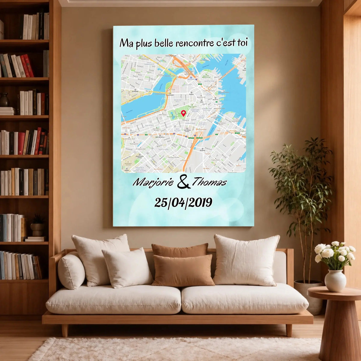 Grande affiche personnalisée maps style carré accrochée au mur, salon lumineux