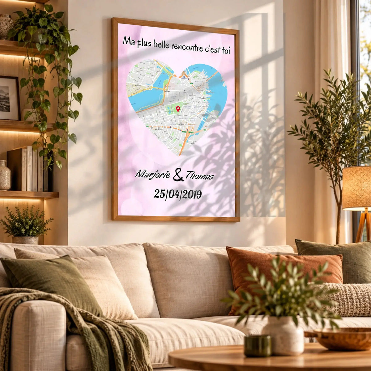 Grande affiche personnalisée maps style cœur accrochée au mur, salon bibliothèque