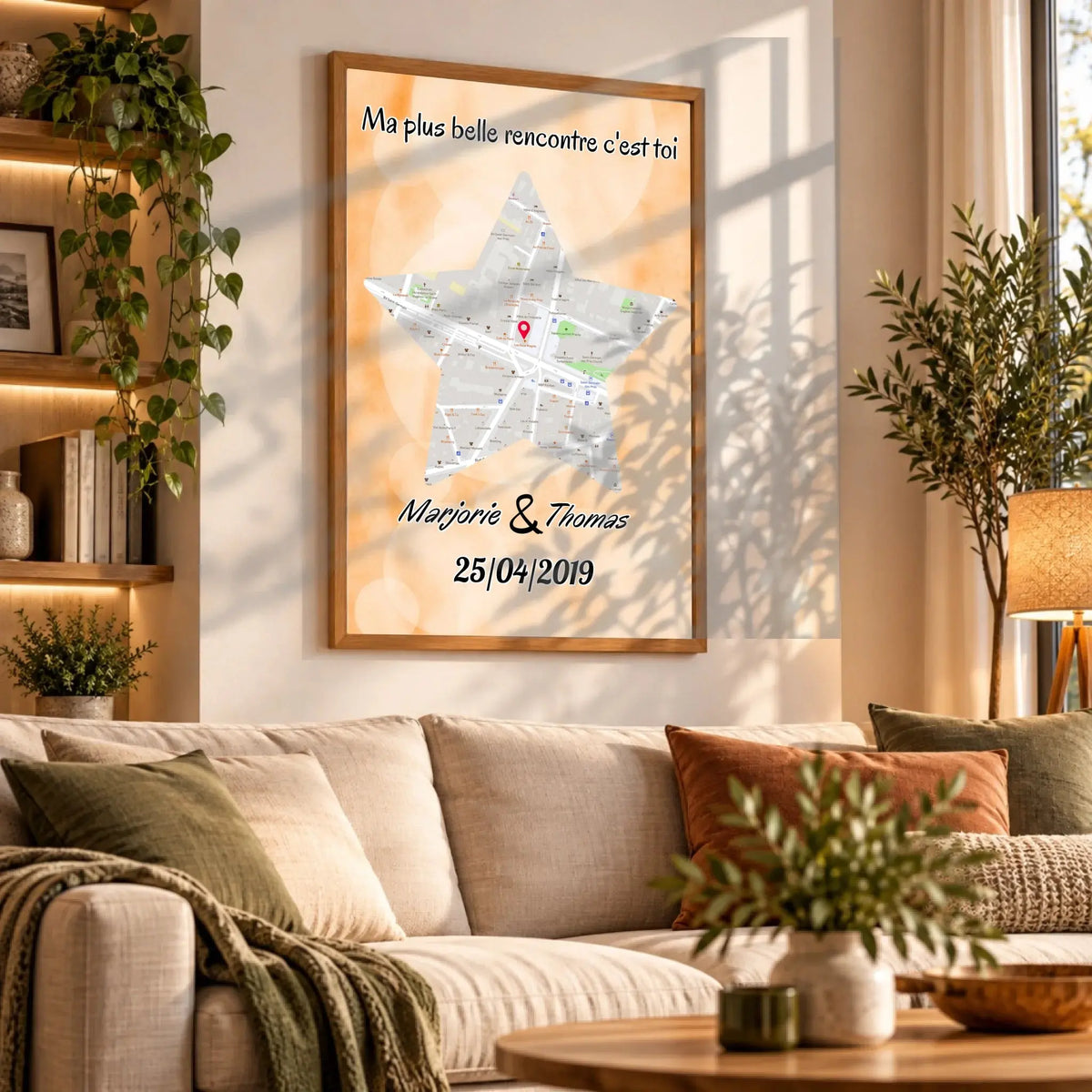 Grande affiche personnalisée maps style étoile accrochée au mur, salon bibliothèque