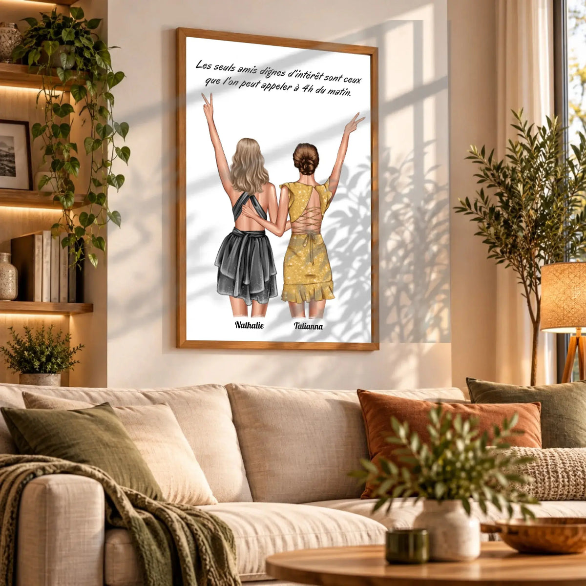 Grande affiche personnalisée meilleures amies accrochée au mur, salon bibliothèque