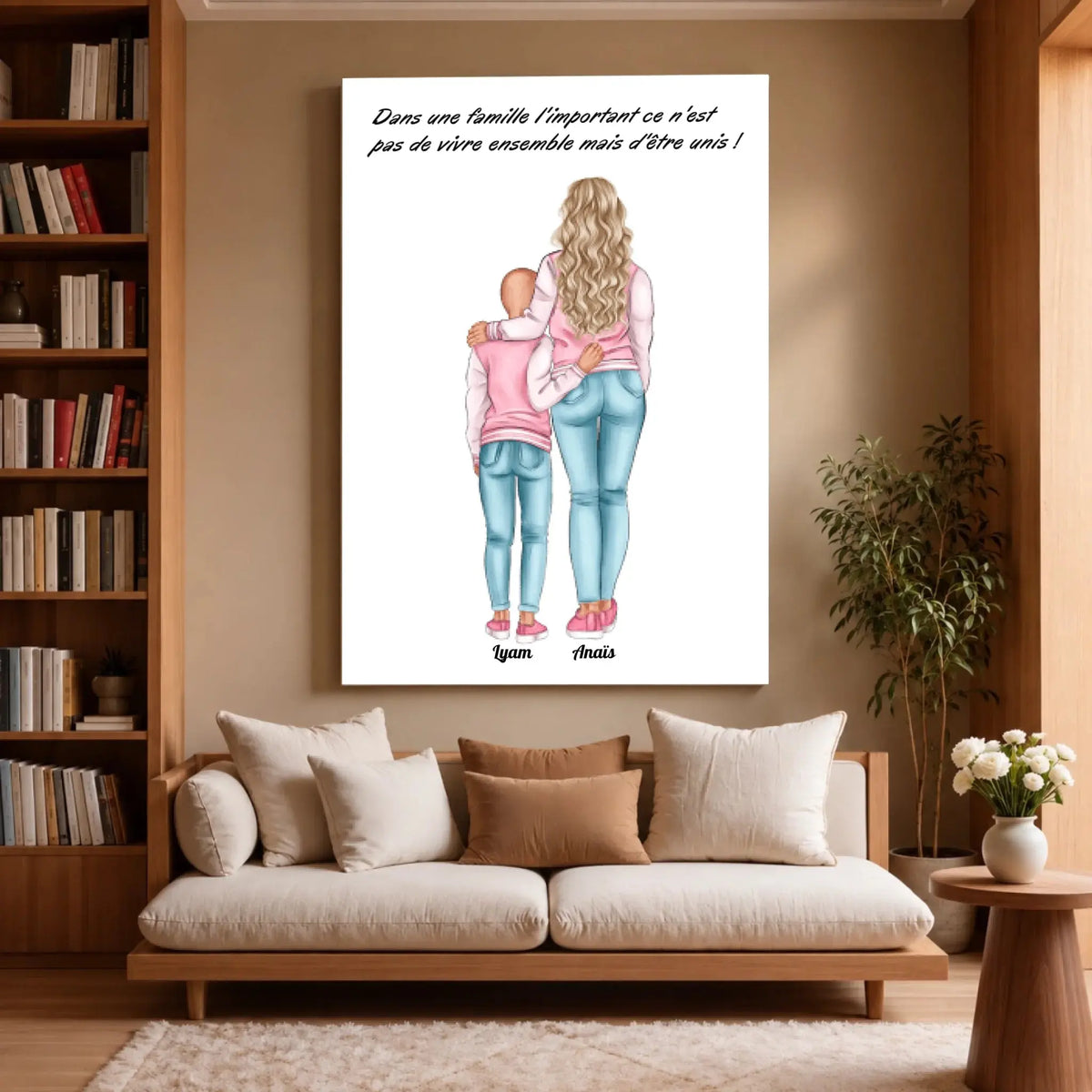 Grande affiche personnalisée mère et enfant accrochée au mur, salon bibliothèque, variante