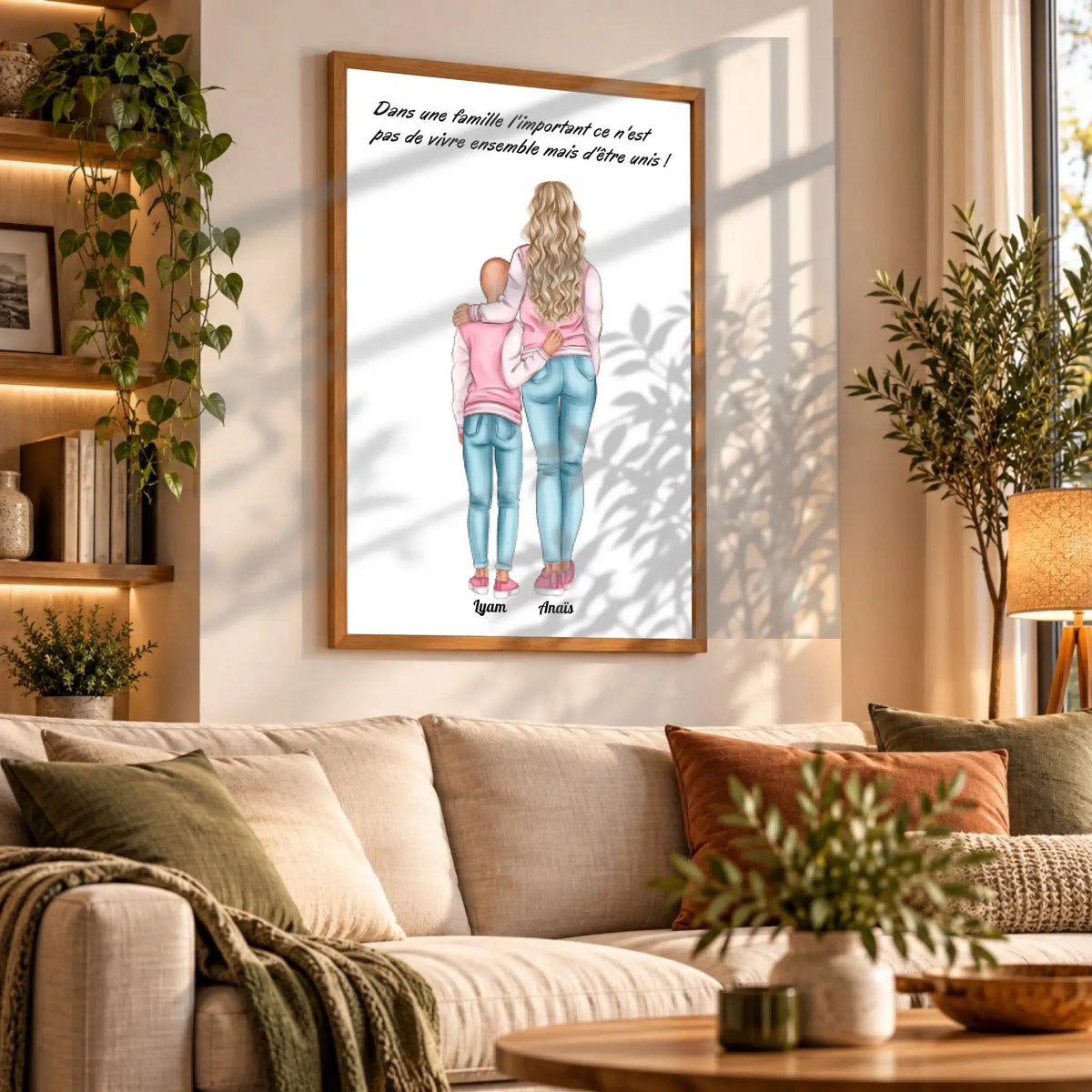 Grande affiche personnalisée mère et enfant accrochée au mur, salon bibliothèque