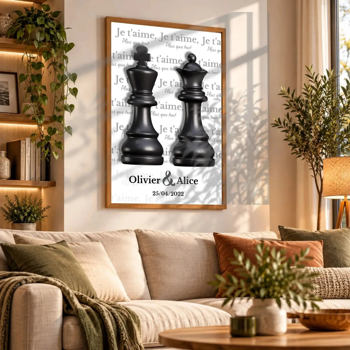 Grande affiche personnalisée couple Roi et Reine échiquier accrochée au mur, salon bibliothèque