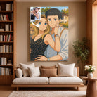 Grande toile portrait personnalisé style anime japonais manga dans un salon, décoration murale