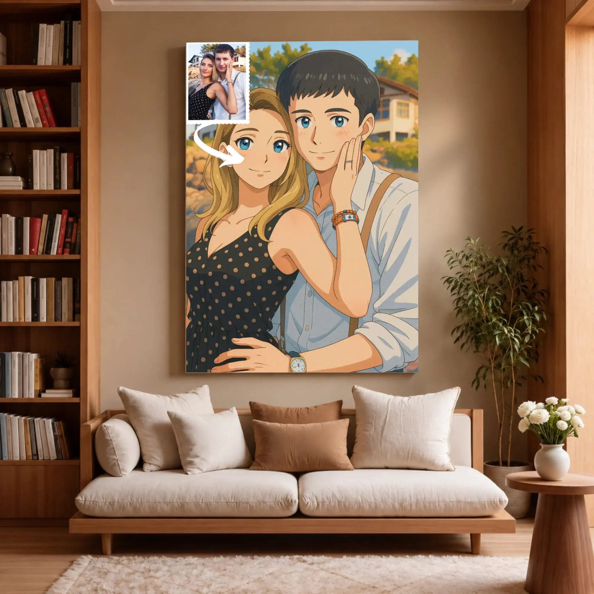 Grande toile portrait personnalisé style anime japonais manga dans un salon, décoration murale