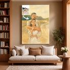 Grande toile portrait personnalisé effet peinture aquarelle dans un salon, décoration murale