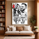 Grande toile portrait personnalisé style caricature noir et blanc dans un salon, décoration murale